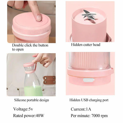 BLENDER PORTABLE JUICER FOR SMOOTHIE-JUICE-VEGETABLE SHAKES WITH 6 BLADES WIRELESS CHARGING MINI PERSONAL SIZE MIXER BOTTLE GRINDER 420 ML